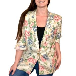 EASTER 90s Floral Flax Material Beige Tan Pink Blue Blazer Jacket Large Size 14